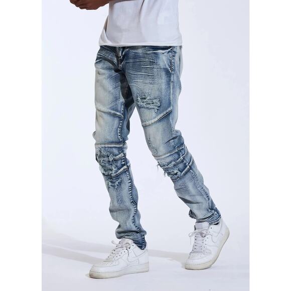 Crysp Denim Men's Biker Moto Distressed Rip & Repair Skinny Fit Stretch Jeans - Picture 1 of 3